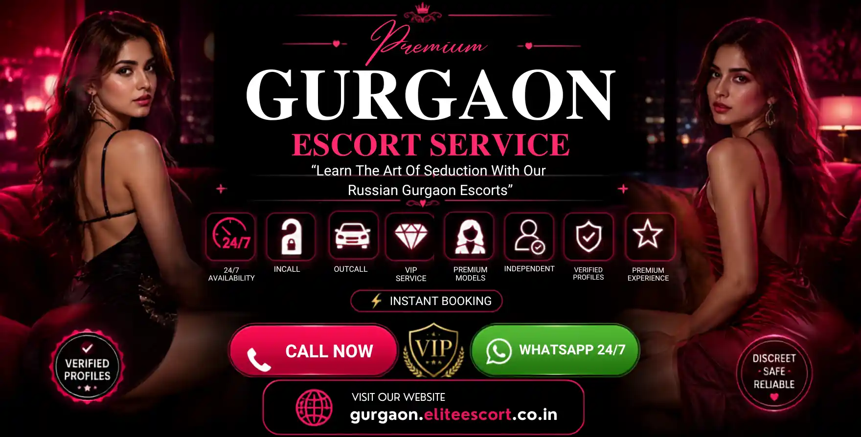 Premium Gurgaon Escorts Service banner featuring luxury VIP escort services with verified profiles, high-profile independent models, Russian companions, 24/7 availability, incall and outcall booking, instant WhatsApp contact, discreet, safe and reliable elite escort agency in Gurgaon.
